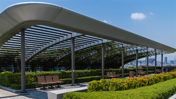 This grand pergola is a striking form on the terminal roof. It provides shade to the seating areas below where visitors can sit and enjoy the harbour views in comfort.